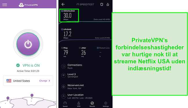 Skærmbillede af PrivateVPN forbundet til US server og Ookla hastighedstest