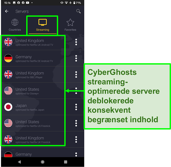 Skærmbillede af CyberGhost's streamingoptimerede servere