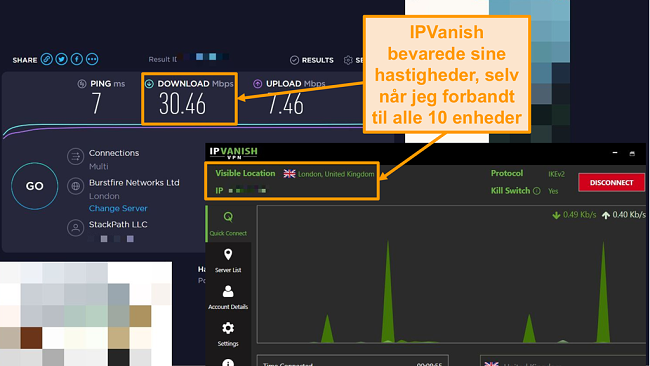 Skærmbillede af en hastighedstest med IPVanish-forbindelse