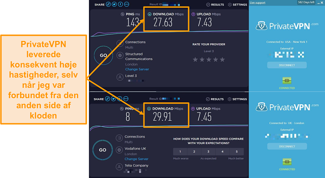 Skærmbillede af PrivateVPN-hastighedssammenligning