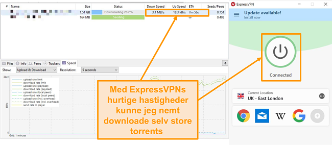Skærmbillede af download af torrentfiler med ExpressVPN-forbindelse oprettet