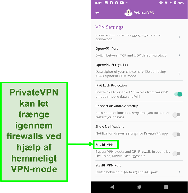 Skærmbillede af PrivateVPN Android-app, der viser Stealth VPN-funktion, der hjælper med at omgå VPN-blokke