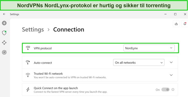 Skærmbillede af NordVPNs Windows-app, der viser NordLynx-protokollen valgt