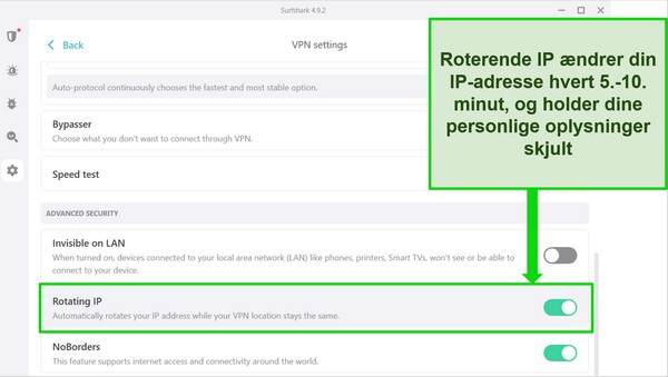 Skærmbillede af Surfsharks Windows-grænseflade, der viser IP-rotering slået til