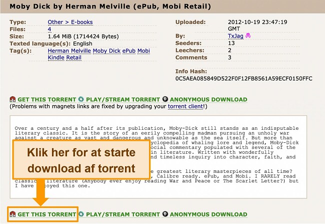 Skærmbillede af torrent downloadside på The Pirate Bay