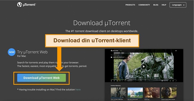 Skærmbillede af uTorrent-klientens downloadside