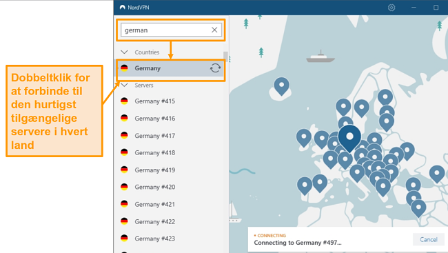 Skærmbillede af NordVPN Germany-servervalg