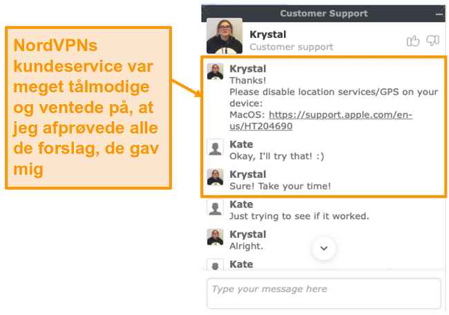 Screenshot of NordVPN customer support live chat feature