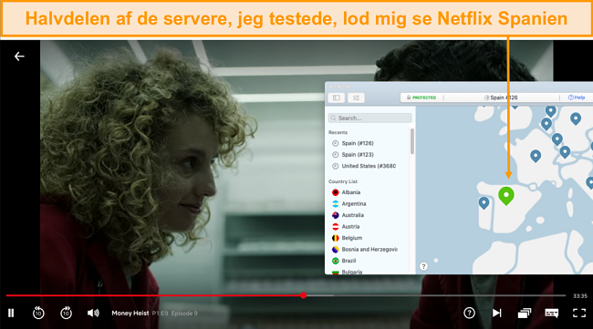 Skærmbillede af NordVPN, der blokerer Netflix Spanien