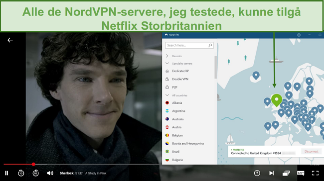 Screenshot of NordVPN unblocking Netflix UK while playing Sherlock