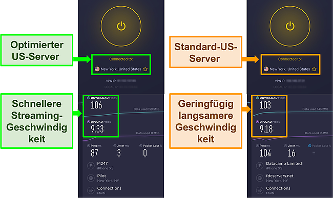 Screenshot der Ergebnisse des CyberGhost-Geschwindigkeitstests bei Verbindung mit einem optimierten Server und einem Standardserver.