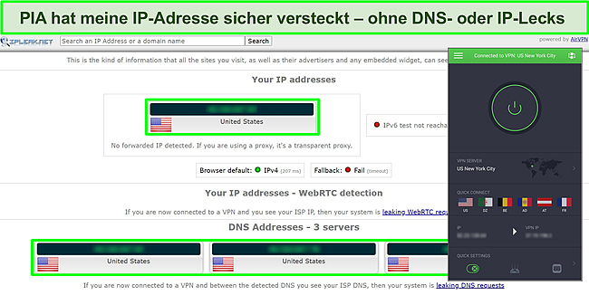 Screenshot der Ergebnisse des IP-Leak-Tests, wenn PIA mit einem US-Server verbunden ist.