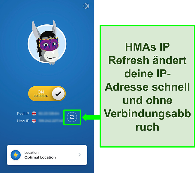 Screenshot der IP-Aktualisierungsfunktion von HMA.