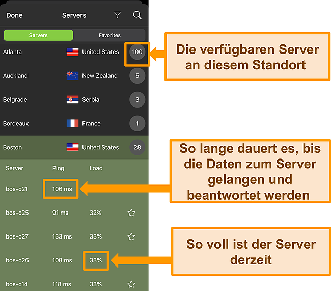 Screenshot der IPVanish iOS-App mit hervorgehobenen Serverinformationen.
