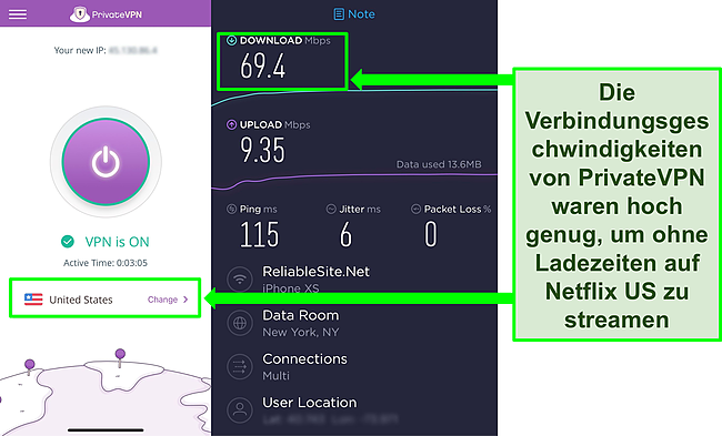 Screenshot von PrivateVPN, das mit einem US-Server verbunden ist, sowie das Ergebnis eines Ookla-Geschwindigkeitstests.