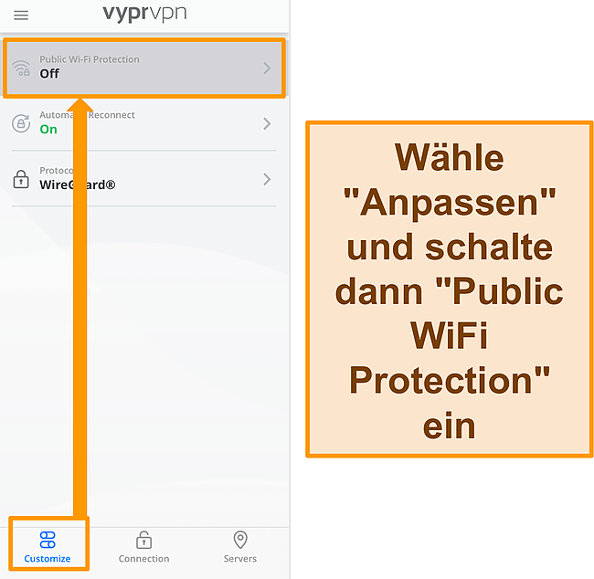 Screenshot der öffentlichen WLAN-Schutzeinstellung von VyprVPN.