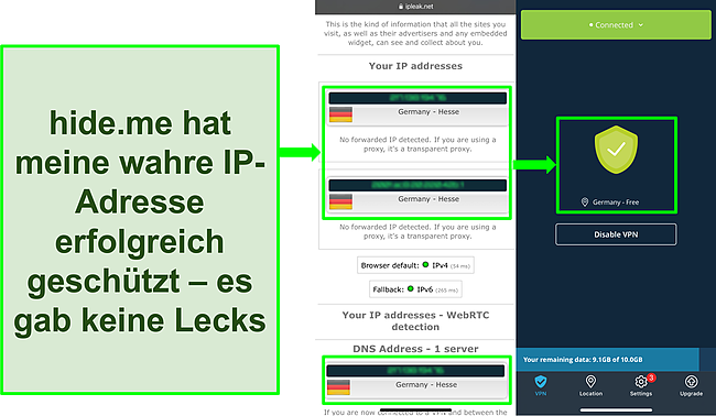 Screenshot des Hervorhebens von IP- oder DNS-Lecks bei einer hide.me-VPN-Verbindung.