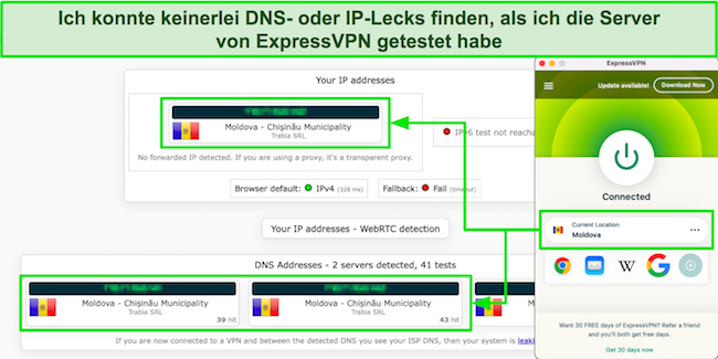 Screenshot erfolgreicher Lecktestergebnisse auf einem der Moldawien-Server von ExpressVPN