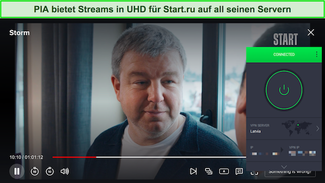 Screenshot des privaten Internetzugangs, der Start.ru entsperrt, während eine Verbindung zu einem Server in Lettland besteht