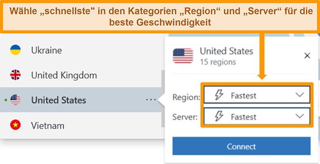 Screenshot der Serveroptionen von NordVPN für die USA mit der schnellsten Region und dem schnellsten Server