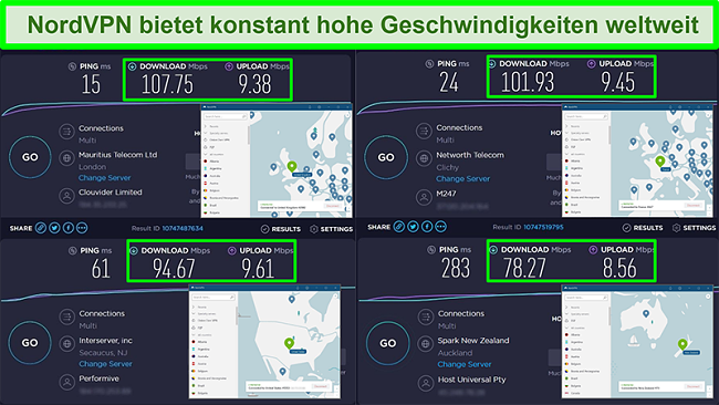 Screenshots von Geschwindigkeitstests mit NordVPN, die mit verschiedenen globalen Servern verbunden sind