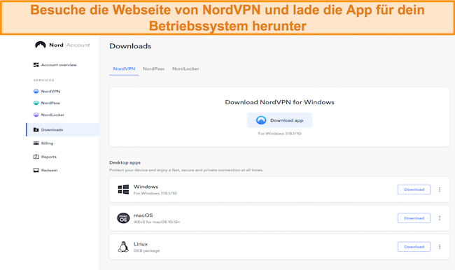 Besuchen Sie die Website von NordVPN, um die App für Ihr Betriebssystem herunterzuladen