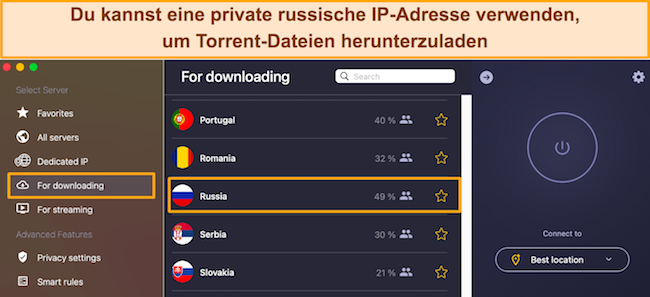 Screenshot der P2P-Server von CyberGhost in Russland