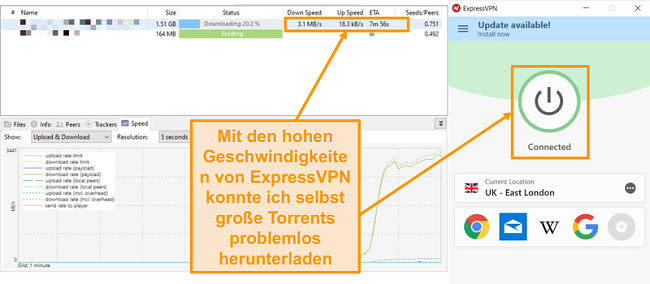 Screenshot des Herunterladens von Torrent-Dateien mit Eingerichteter ExpressVPN-Verbindung
