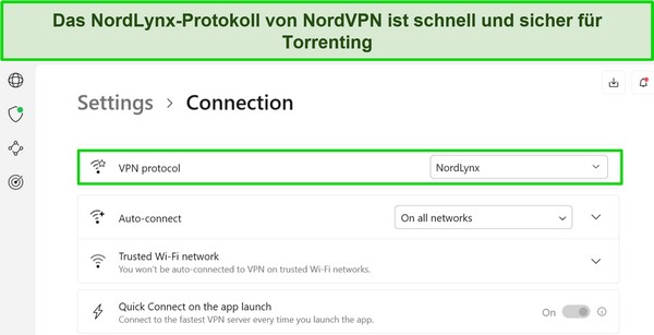 Screenshot der Windows-App von NordVPN, der das ausgewählte NordLynx-Protokoll zeigt