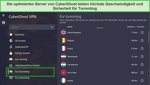 Screenshot der Windows-App von CyberGhost mit hervorgehobener Liste der Torrent-Server.