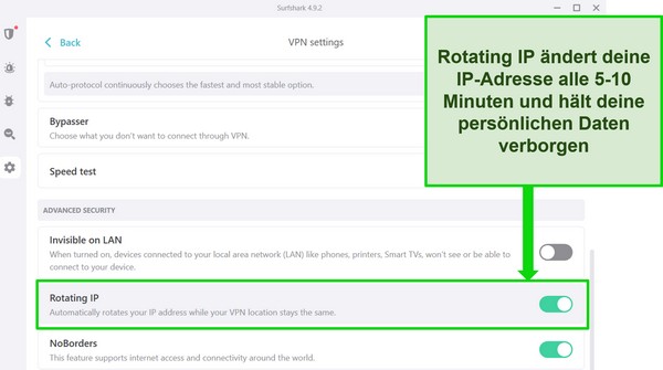 Screenshot der Windows-Oberfläche von Surfshark mit aktivierter IP-Rotation