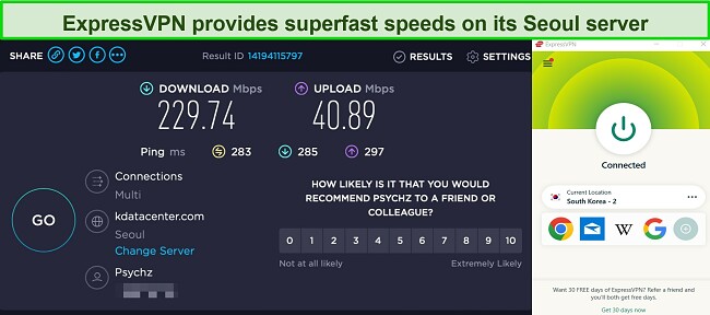 Screenshot of superfast speeds while connected to ExpressVPN's Seoul server