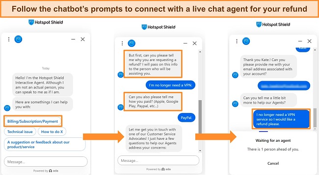 Screenshots of Hotspot Shield's chatbot interactions.