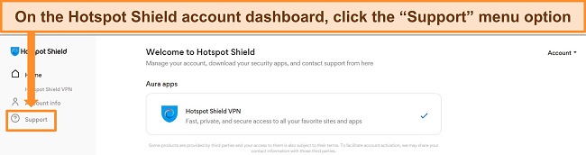Screenshot of Hotspot Shield's account dashboard with Support option highlighted.