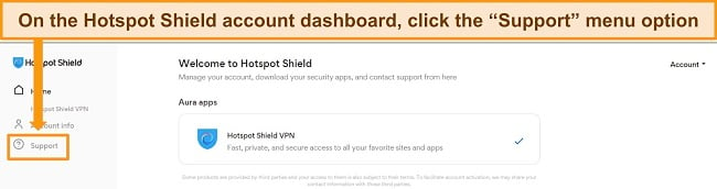 Screenshot of Hotspot Shield's account dashboard with Support option highlighted.