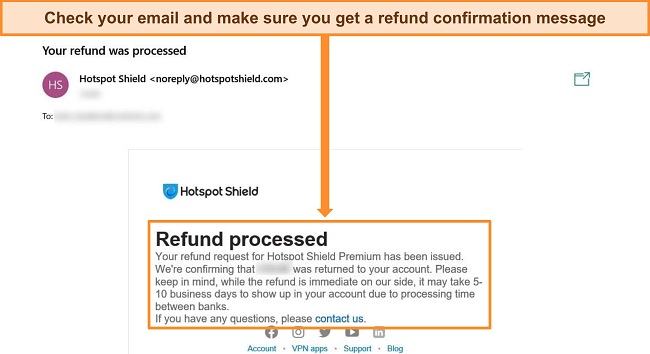 Screenshot of a refund confirmation email from Hotspot Shield