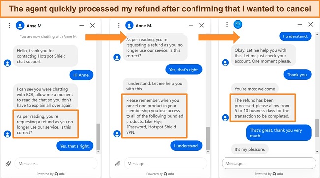 Screenshots of live chat agent processing a service refund for Hotspot Shield.