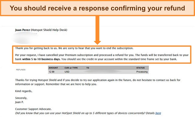 Screenshot of Hotspot Shield refund confirmation email.