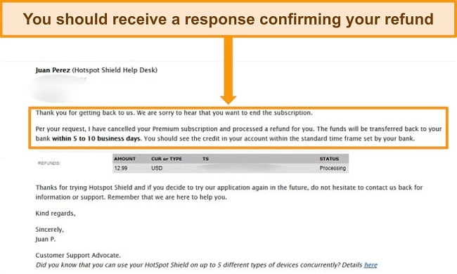 Screenshot of Hotspot Shield refund confirmation email.