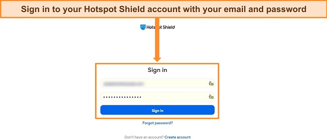 Screenshot of Hotspot Shield's sign in screen.
