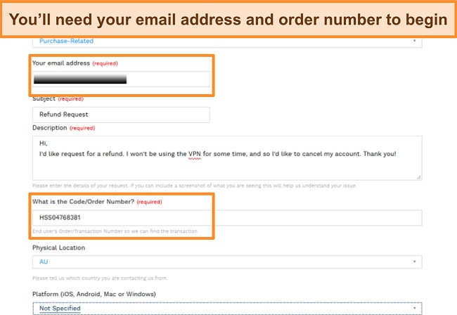 Screenshot of Hotspot Shield email ticket form for refund.