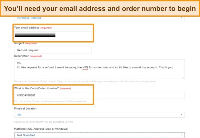 Screenshot of Hotspot Shield email ticket form for refund.