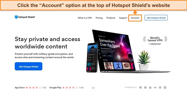 Screenshot of Hotspot Shield's website with the 