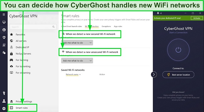 Screenshot of CyberGhost's Smart rules settings to activate WiFi protection in the Windows app