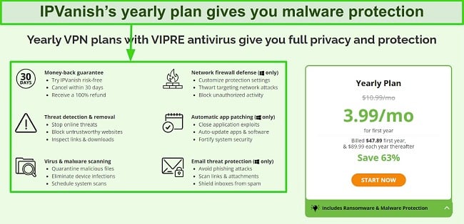 Screenshot of IPVanish's yearly plan, with pricing and a list of VIPRE antivirus features