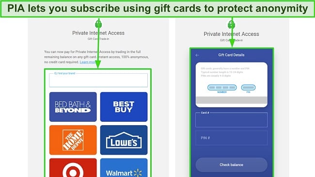 Screenshot of PIA's gift card payment option on its subscription page