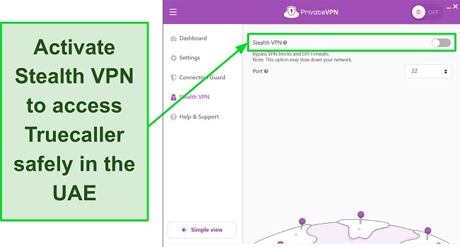 Screenshot of PrivateVPN's Stealth VPN tab showing the button to toggle VPN obfuscation
