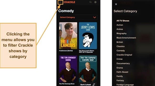 A screenshot of Crackle's iOS interface, and a screenshot of the category selection.