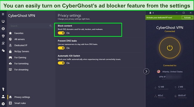 CyberGhost's ad blocker feature enabled on the settings menu.