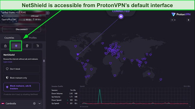 A screenshot of ProtonVPN's interface with NetShield highlighted